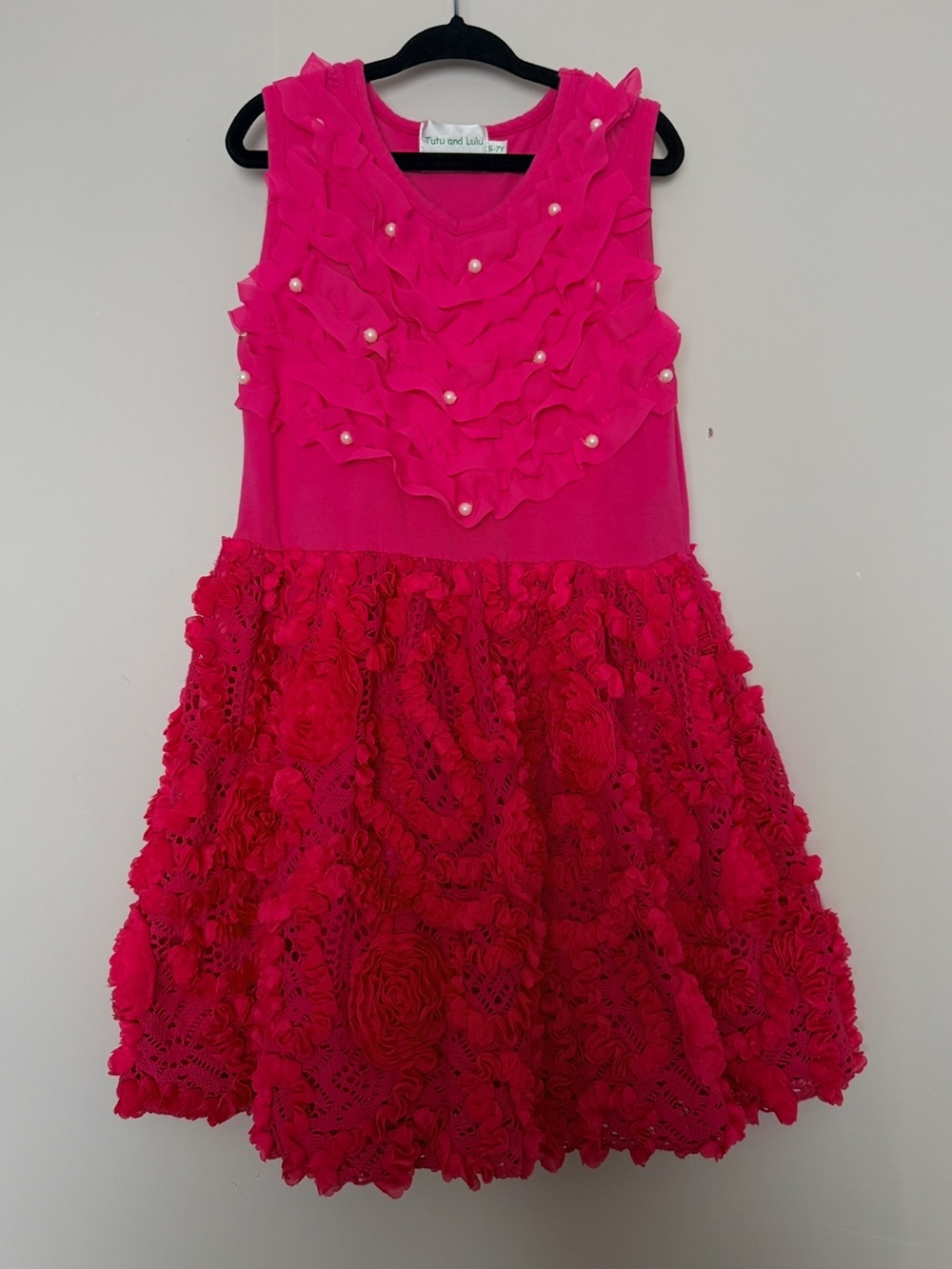 Tutu and Lulu Bright Pink Ruffle & Lace Girls' Dress Size 6-7Y